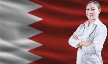Female doctor on Bahrain flag. Doctor with crossed arms on Bahrain flag. Bahrain health and care
