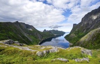 View of Øyfjorden fjord and mountains, fjord landscape with mountain peaks, hike to Barden