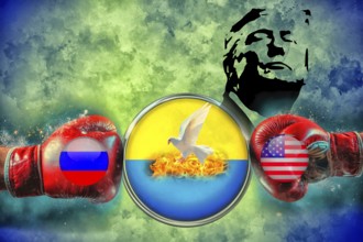 Symbolic image, boxing gloves with USA and Russia flag for Ukraine war, dove of peace in the fire,