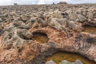 A rocky area with a hole in the ground. The hole is filled with water. The water is brown in colour