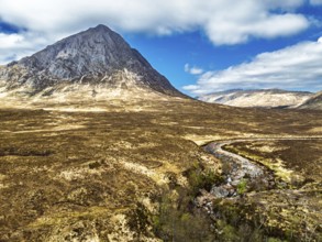 The Buachaille Mountain and Moors over Glen Etive Valley from a drone, Buachaille Etive Mòr, The