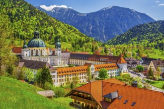 Ettal Monastery in spring, municipality of Ettal, Ammergau Alps, Upper Bavaria, Bavaria, Germany