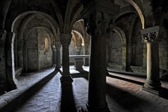 Vault, backlit altar between columns, underground grove of columns, pagan crypt, 10th century,