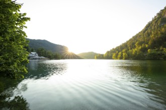Sunrise in summer at Lake Thumsee near Bad Reichenhall with a view of the Seewirt