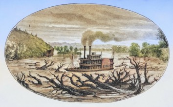 Paddle steamer on the upper Missouri in the 1870s, America, digital reproduction from American