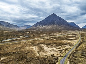 Mountains and Moors over Buachaille Etive Mòr from a drone, The Buachaille, Glen Etive, Highlands,