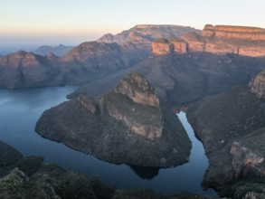 Sunset at Blyde River Canyon with Three Rondawels peak, view of canyon with Blyde River and table