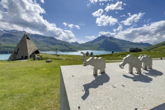 View from viewing platform to Mont-Cenis Pyramid Museum with stylised pyramid Museum in memory of