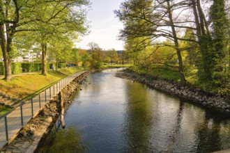 A river surrounded by trees and a bridge in a green landscape, Nagold, Black Forest, Germany