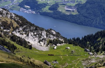 Pilatus railway, the world's steepest cogwheel railway from Alpnach to Mount Pilatus, with Lake