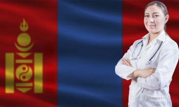 Female doctor on Mongolia flag. Doctor with crossed arms on Mongolia flag. Mongolia health and care