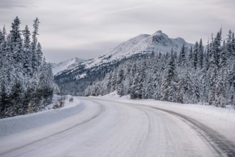 Winter road trip on the Icefields Parkway with lots of snow and ice, Banff National Park, Jasper