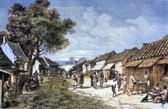 Main street in Hue, former Kingdom of Annam, today Vietnam, coloured wood engraving, reproduction