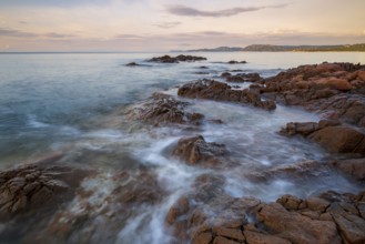 Rocky coast, sunrise, Plage de Palombaggia, Corsica, France