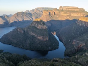 Sunset, Blyde River Canyon with Three Rondawels peak, view of gorge with Blyde River and Table