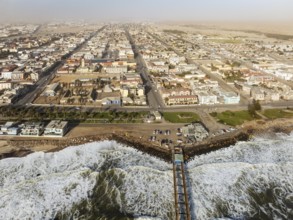 The coastal town of Swakopmund between Namib Desert and Atlantic Ocean. Aerial view. Namibia