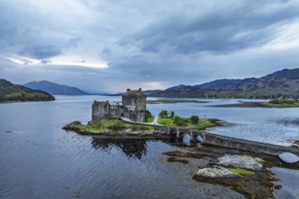 Eilean Donan Castle and Loch Duich from a drone, Isle of Skye, Highlands, Scotland, England, United
