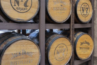 Barrels of whiskey aging in one of the barrel houses at the Jack Daniel Distillery in Lynchburg,