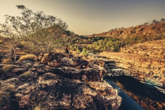 Bell Gorge waterfall, a body of water in north-west Australia in the Kimberley. Sunrise in the