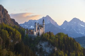 Castle in the evening light against a backdrop of snow-capped mountains, Neuschwanstein, Schwangau