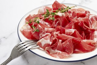 Plate with sliced cured meat, pork neck, prosciutto coppa, Italian delicacy