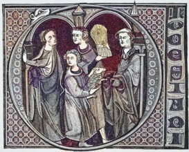 Monks engaged in agriculture. Capital letter O in the 13th century, Livre de Jurisprudence from