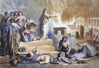Nero during the fire of Rome, Italy, coloured wood engraving, reproduction from a model from ca