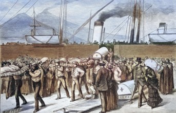 After the Ischia earthquake, the wounded are brought to Naples, Italy, 1883, coloured wood