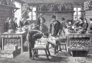Worker packing dynamite, c. 1880, France, digitally enhanced reproduction of a 19th century model,