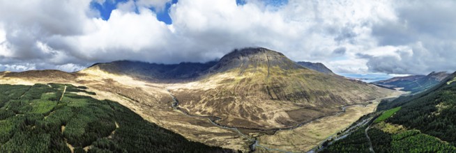 Panorama of Fairy Pools and Waterfalls from a drone, Glen Brittle, Black Cuillin, Isle of Skye,