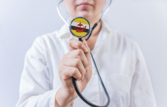 Female doctor holding stethoscope with Brunei flag. National health system of Brunei