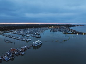 Sunset over Marina in Le Verdon-sur-Mer from a drone, Nouvelle-Aquitaine, Gironde, France, EuropeLe