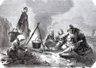 Fishing family, parents with four children, having dinner on the coast of Andresselles, Pas de