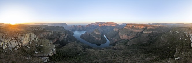 Sunset at Blyde River Canyon with Three Rondawels peak, view of canyon with Blyde River and table