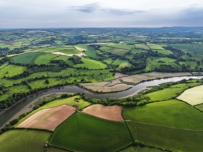 Farms and Fields over River Dart from a drone, Stoke Gabriel, Totnes, Devon, England, United