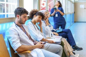 Exhausted medical staff sitting in hospital hallway, experiencing burnout and fatigue from long