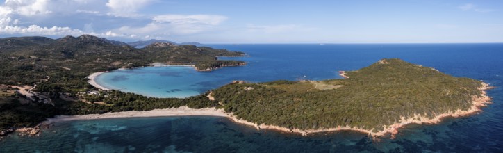 Panorama, aerial view, Plage de Rondinara, turquoise sea, sandy beach, bay, Corsica, France