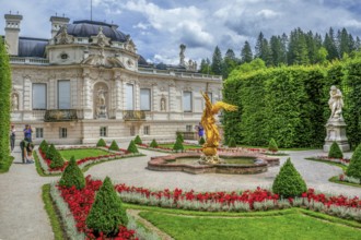 Baroque garden parterre with west side of Linderhof Palace, Ettal, Ammertal, Upper Bavaria,