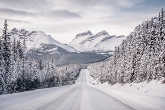Winter road trip on the Icefields Parkway with lots of snow and ice, Banff National Park, Jasper