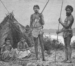 Native Aboriginal Camp, around 1870, Australia, digital reproduction of a historical model