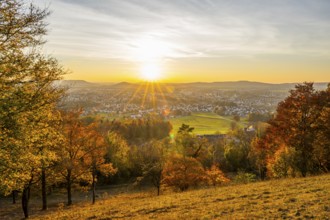 View over the city of Neumarkt from Wolfstein castle ruins at sunset in autumn, Neumarkt in der