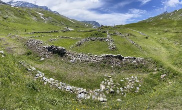 Foundation walls ruins of 2000 year old historical ancient Roman hostel Mansio at the top of the