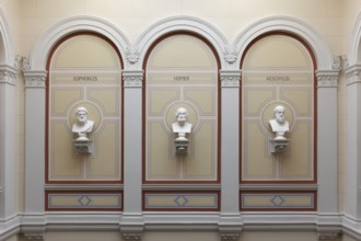 Staircase with busts of ancient Greek and Roman scholars, main building of the University of