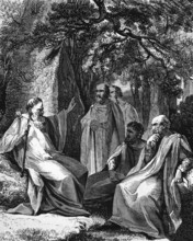 Druids in a sacred grove. In 54 AD, Emperor Claudius banned the Druids, digital reproduction of a