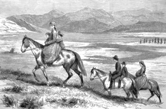 Indian family on horseback at Lake Okanagan, inland lake in British Columbia, 1880, Canada,