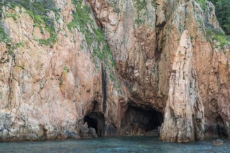 Rock formations and cave, Capo Rosso, Gulf of Porto, Corsica, Corsica, France