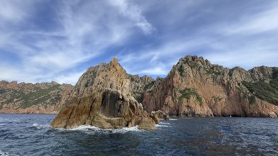 Rock formations and deep blue water, Capo Rosso, Gulf of Porto, Corsica, Corsica, France