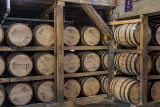 Barrels of whiskey aging in one of the barrel houses at the Jack Daniel Distillery in Lynchburg,