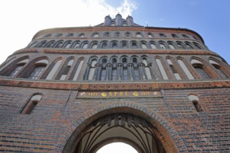 Historic Holstentor with trapdoor, view upwards, perspective, Brick Gothic, brick building, city