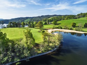 Farms over Esthwaite Water from drone, Lake District National Park, Cumbria, UK